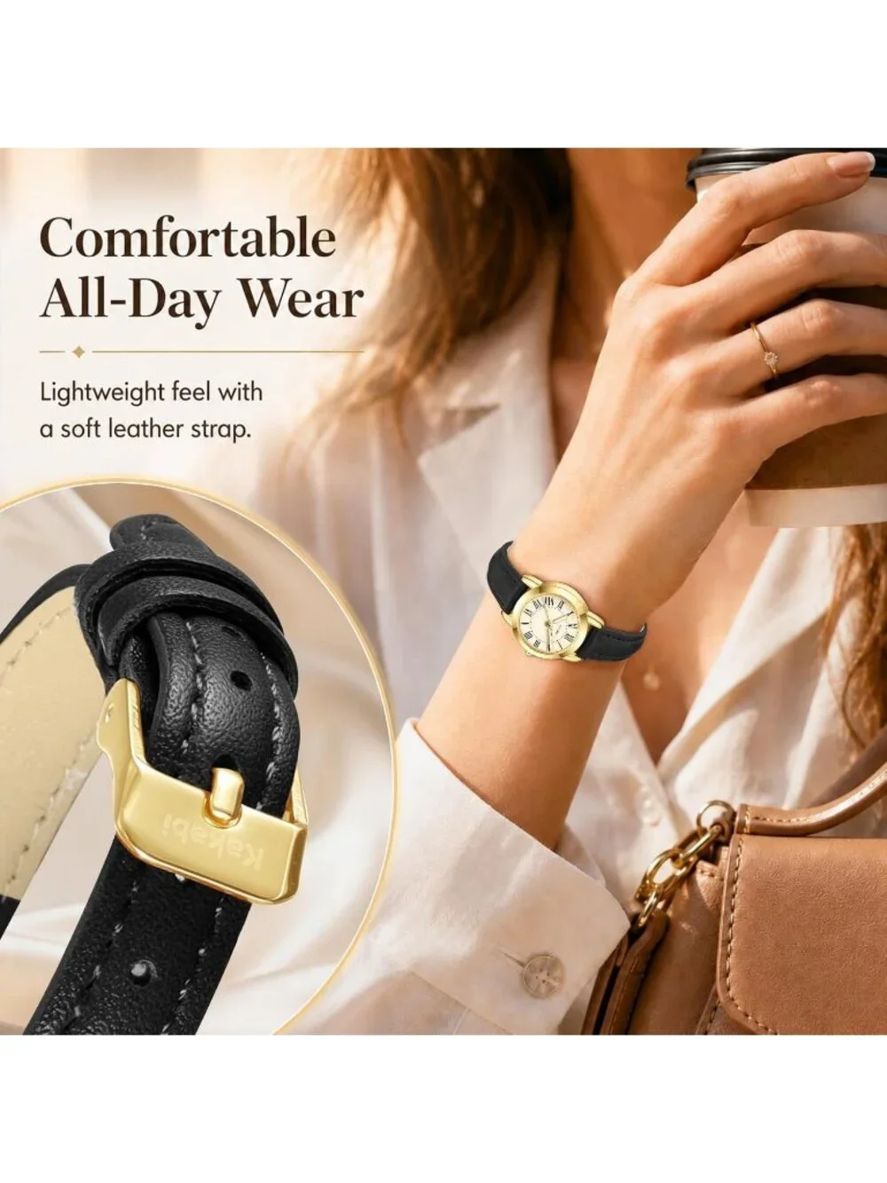 Women's Black Gold Vintage Analog Slim Leather Strap Quartz Movement Wristwatch